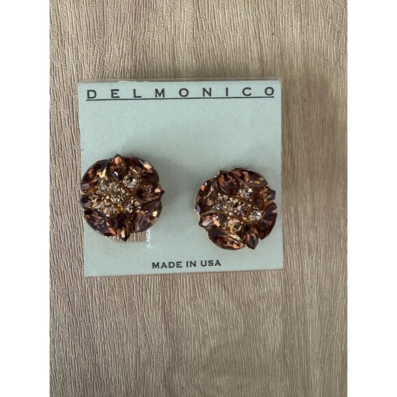 Delmonico Jewelry - Vintage Delmonico Clip-On Earrings With Amber Rhinestones & Gold-Tone Metal